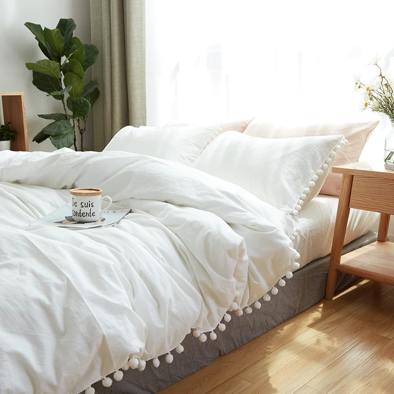 100% Cotton Bedding Sets Simple Style White Balls Soft Bed Linings King Queen Twin Size Duvet Cover Flat Sheet Pillowcases Home Textile  (6)