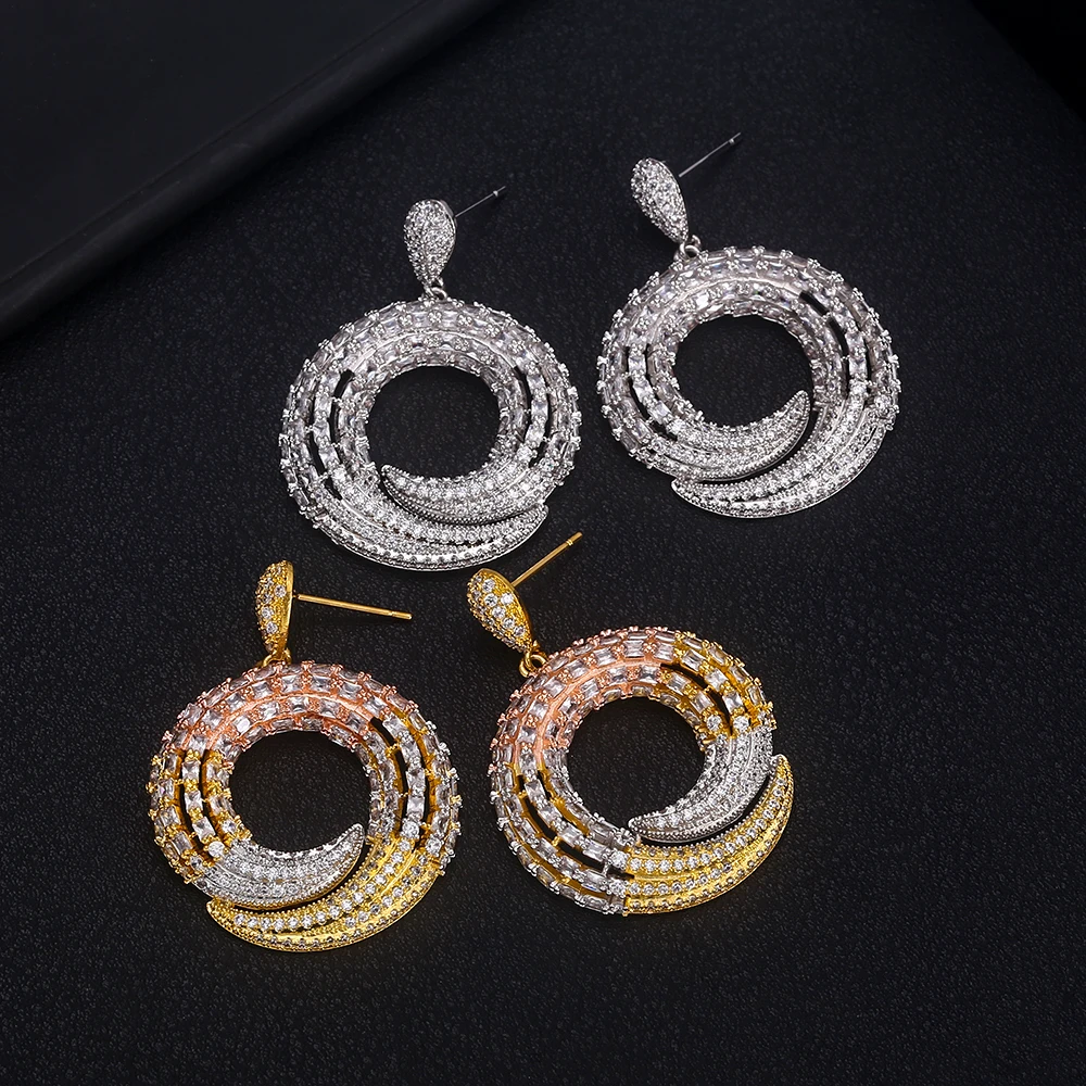 

jankelly Trendy Luxury round shape dangle Earrings For Women Wedding Cubic Zircon CZ Dubai Bridal Earring Bohemia Hot 2019