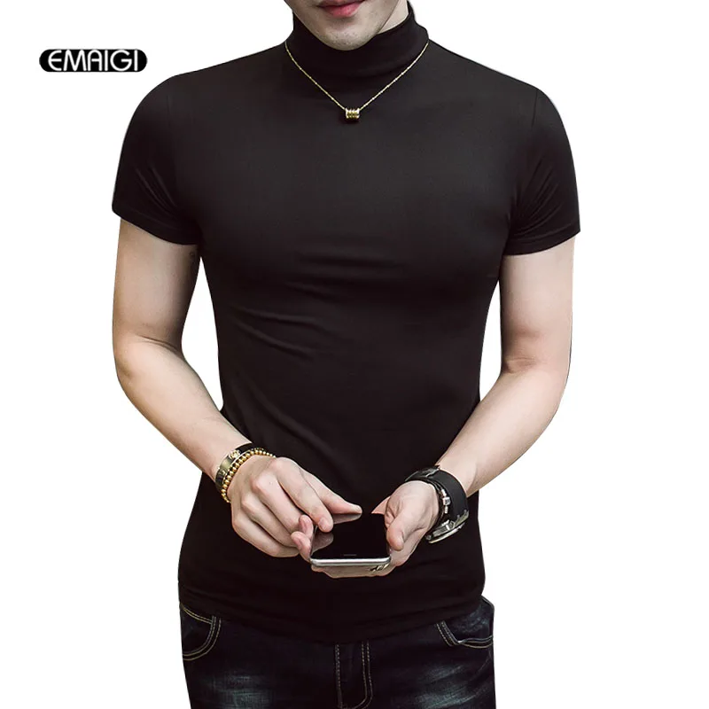 

Men Short Sleeve Turtleneck Slim Fit T-shirt Male Solid Black White Tees Shirts Lovers Tshirt