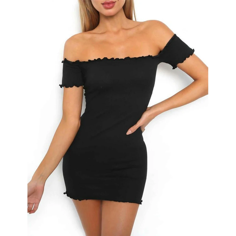 Shoulder Dress Slash Neck Skinny Black 
