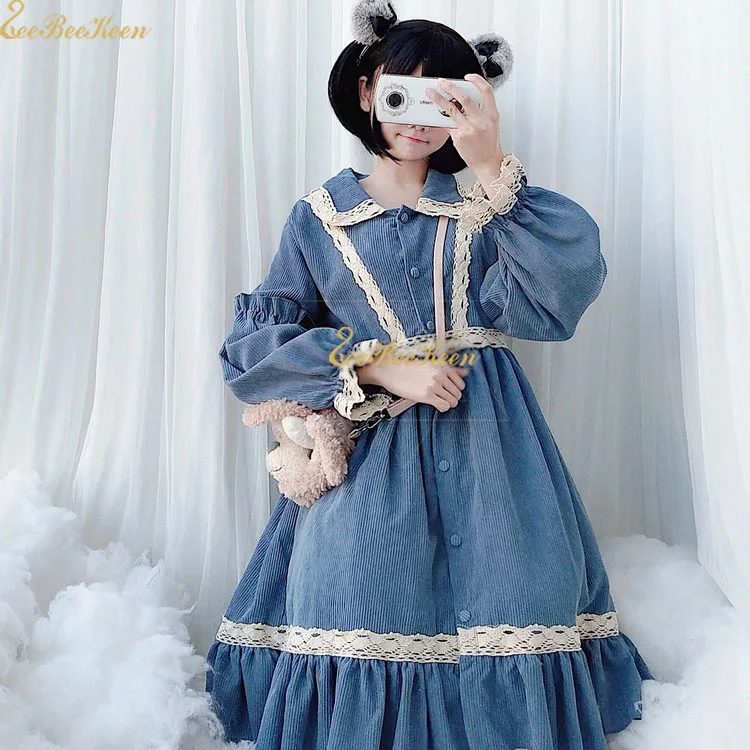 Милое Платье Лолиты для девочек, маскарадный костюм на Хэллоуин, Женская Вельветовая униформа, розовое/Голубое Кружевное милое платье принцессы Лолиты с пышными рукавами - Цвет: blue dress