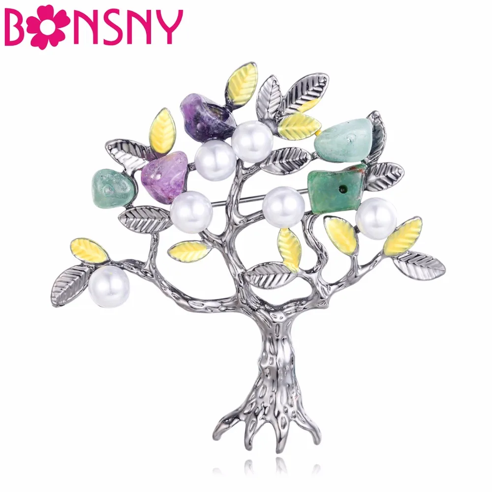 

Bonsny Statement Natural Stone Beaded Tree Brooches Pin Novelty Jewelry For Women Girls Gift Wedding Collar Scarf Decoration Hot