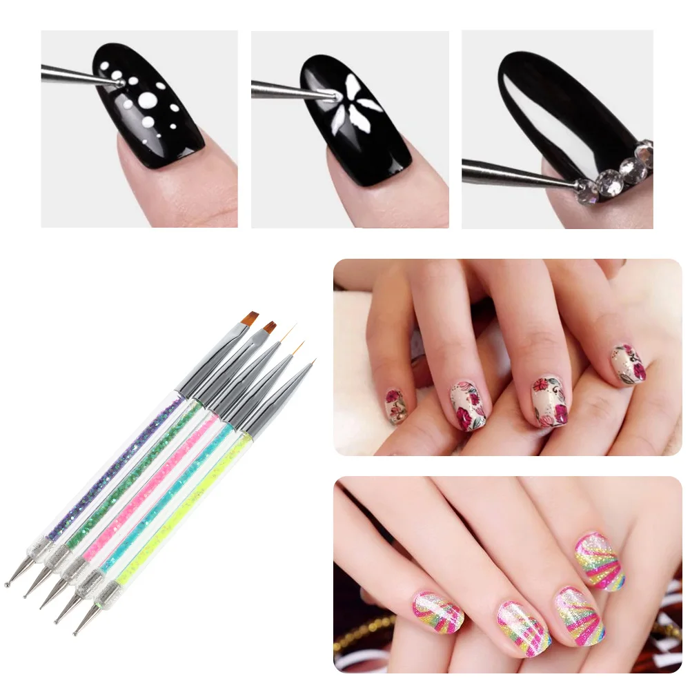 5Pcs/Set Candy Color Double Head Nail Art Dotting Pens Glitter Handle