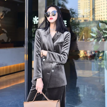 

Pants Suits Office Lady Gold Velvet Women business Double Breasted Pants Suits Women female uniform work Set Wear tuxedo 2018