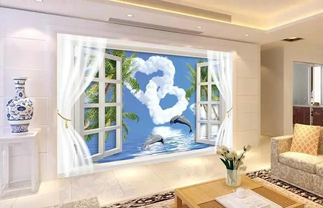 New large wallpaper Custom Love out the window Dolphin Bay mural wall paper papel de parede stickers 9031 pa | Обустройство дома