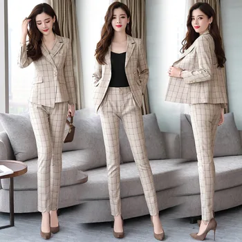 

2018 spring autumn Business Pants suits Women 2 Piece interview suit set uniform Plaid Blazer and Pencil Pant Office Lady suits
