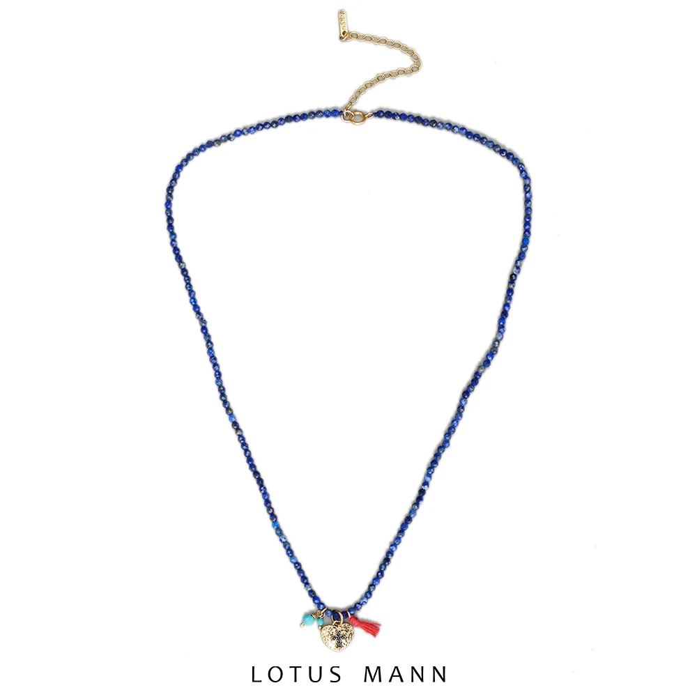 

Lotus Mann Golden cross heart shape with natural lapis lazuli mini pendant fine necklace