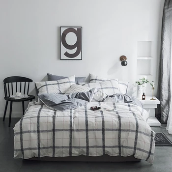 

Luxury Bedding Set Plaid Bed Set Cotton Queen King Size Light White Blue Duvet Cover Set Pillowcase Bed Sheet 3styles