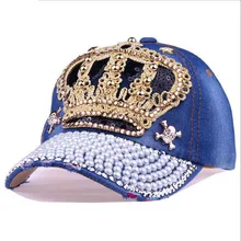 Crown Crystal Hat Women Denim Baseball Cap Vintage Female Sexy lips jean Hats Point Drill Pearl Cowboy Snapback Caps