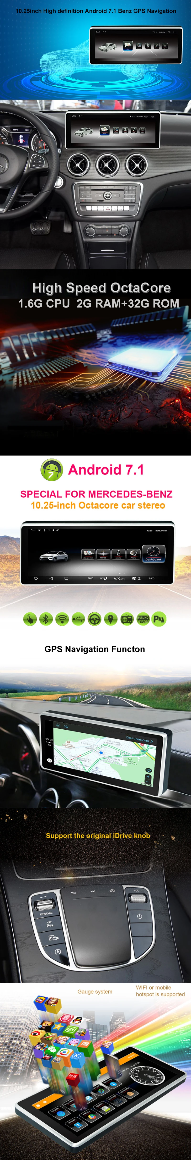 Top Auto multimedia Player Vehicle GPS Navigator Android 7.1 10.25" 2G+32G for Mercedes Benz GLA / A / CLA 2016 to 2018 Car Monitor 8