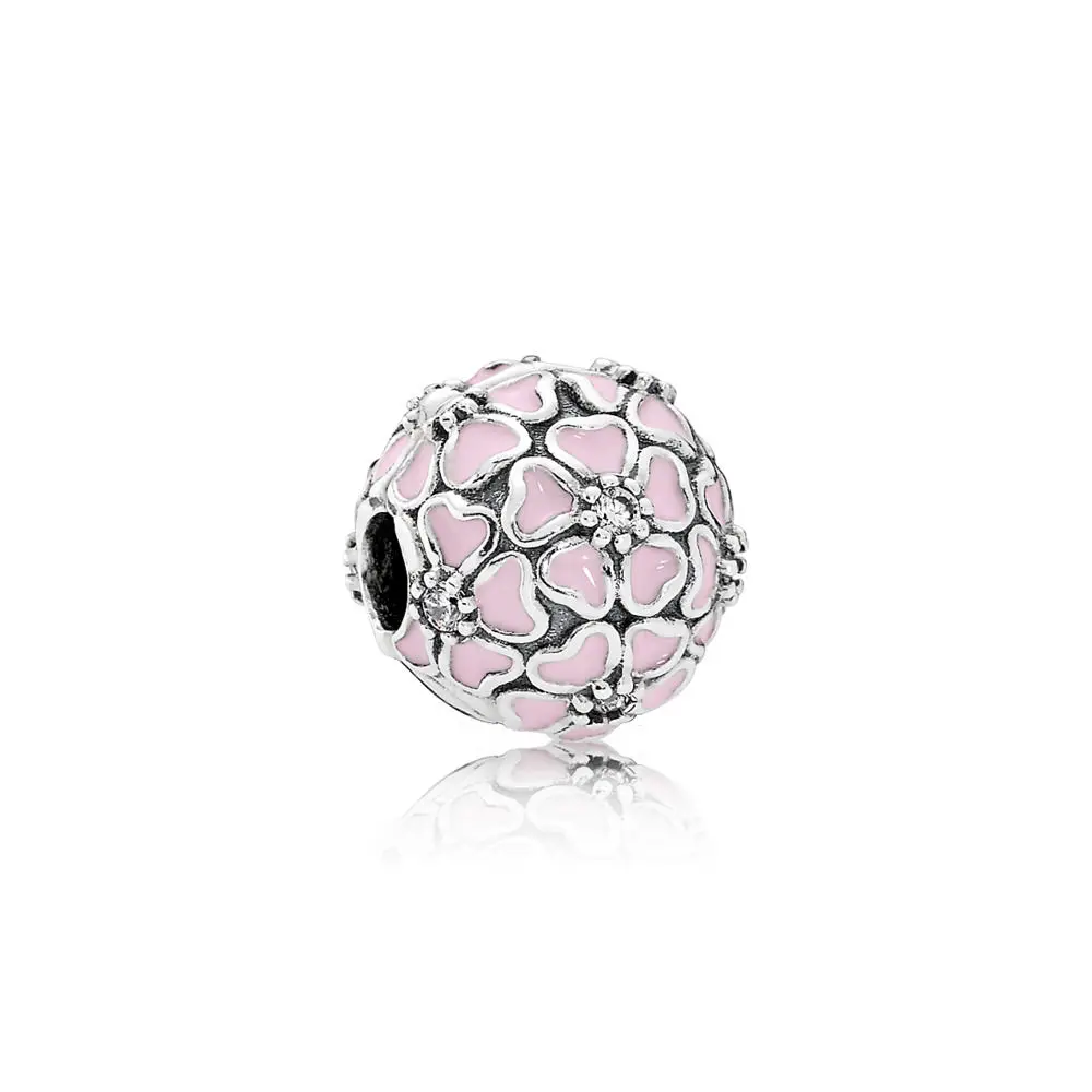 925 Sterling Silver Beads Charms Pink Flowers Topper Bead for Original