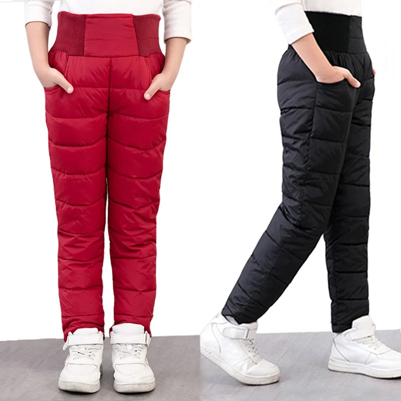 

Casual Girl Boy Winter Pants Cotton Padded Thick Warm Trousers Waterproof Ski Pants For Girls Elastic High Waisted Baby Kid Pant