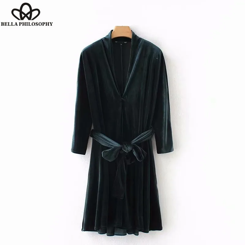 Wonder 2018 new vintage v neck bow tie sashes velvet mini dress elegant female chic vestidos three quarter sleeve casual dress