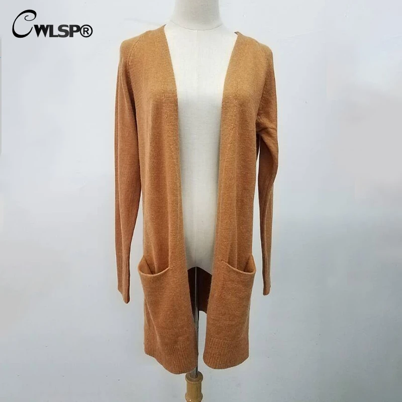 CWLSP Autumn Winter Knitted Sweater Women Long Sleeve Cardigan Casual Open Stitch outwears with Pockets Plus size 3XL QZ2355