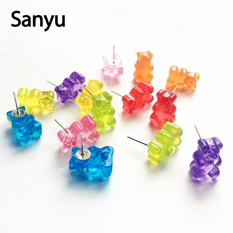 

Creative Hadmade Transparent Colorful Little Bears Earring Studs for Women Girls Cartoon Jelly Bears Funny Animal Brincos 2019