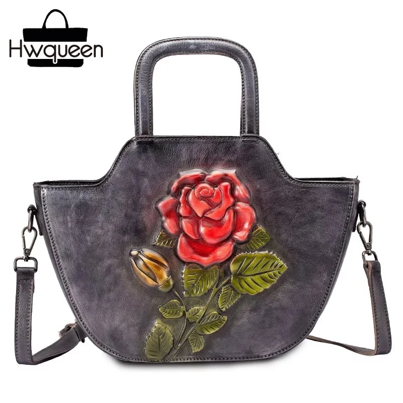 

Embossed Rose Flower Designer Genuine Leather Female Handbag Zipper Closure Woman Single Shoulder Bag Vintage Lady Floral Purse