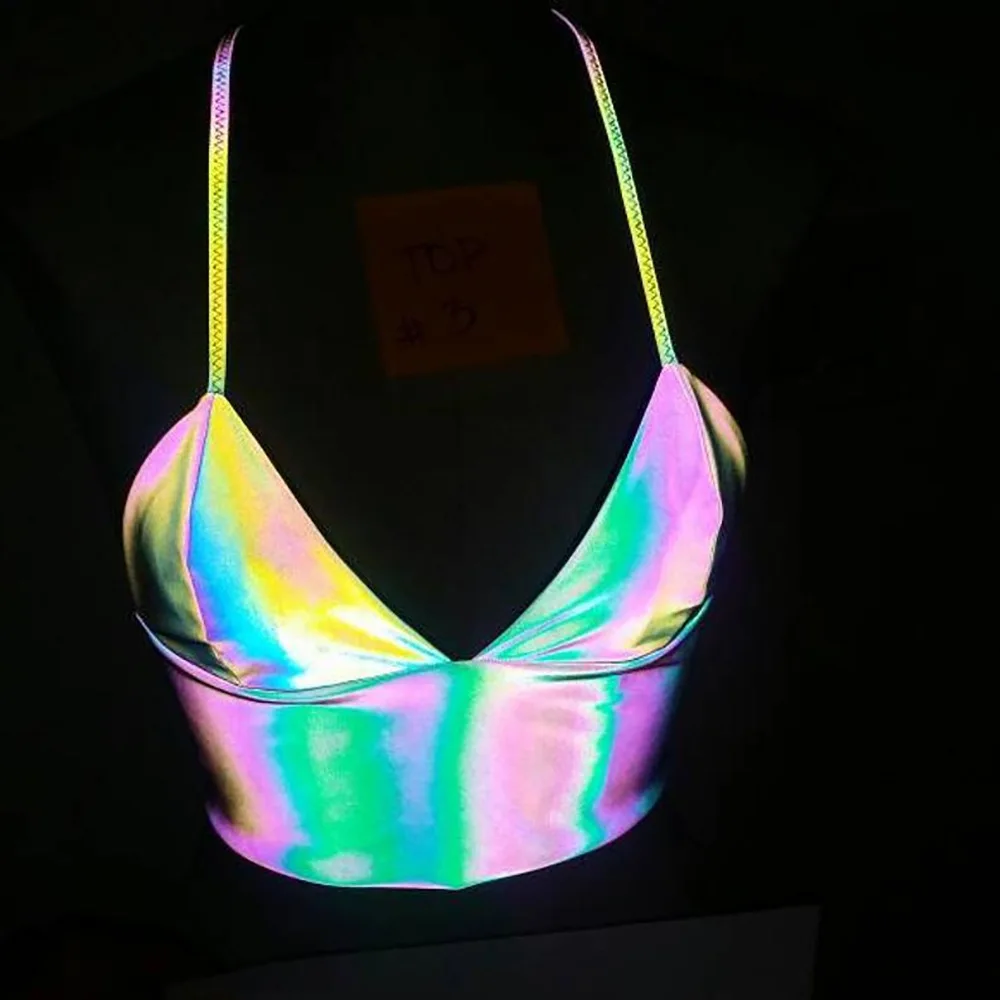 

Sexy V Neck Holographic Bralette Crop Top Strap Reflective Women Fashion Camis Summer 2019 Sleeveless Backless Sliver Tank Tops