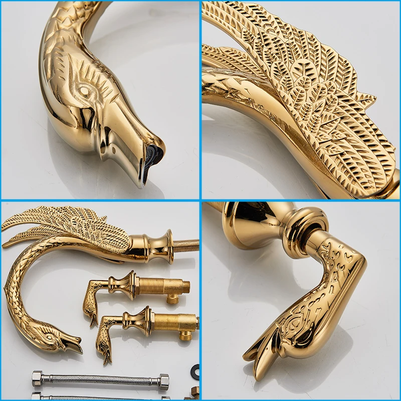 quyanre wanfan gold 3pcs swan basin faucet dual handles mixer tap hot cold water mixer tap bathroom basin sink faucet1
