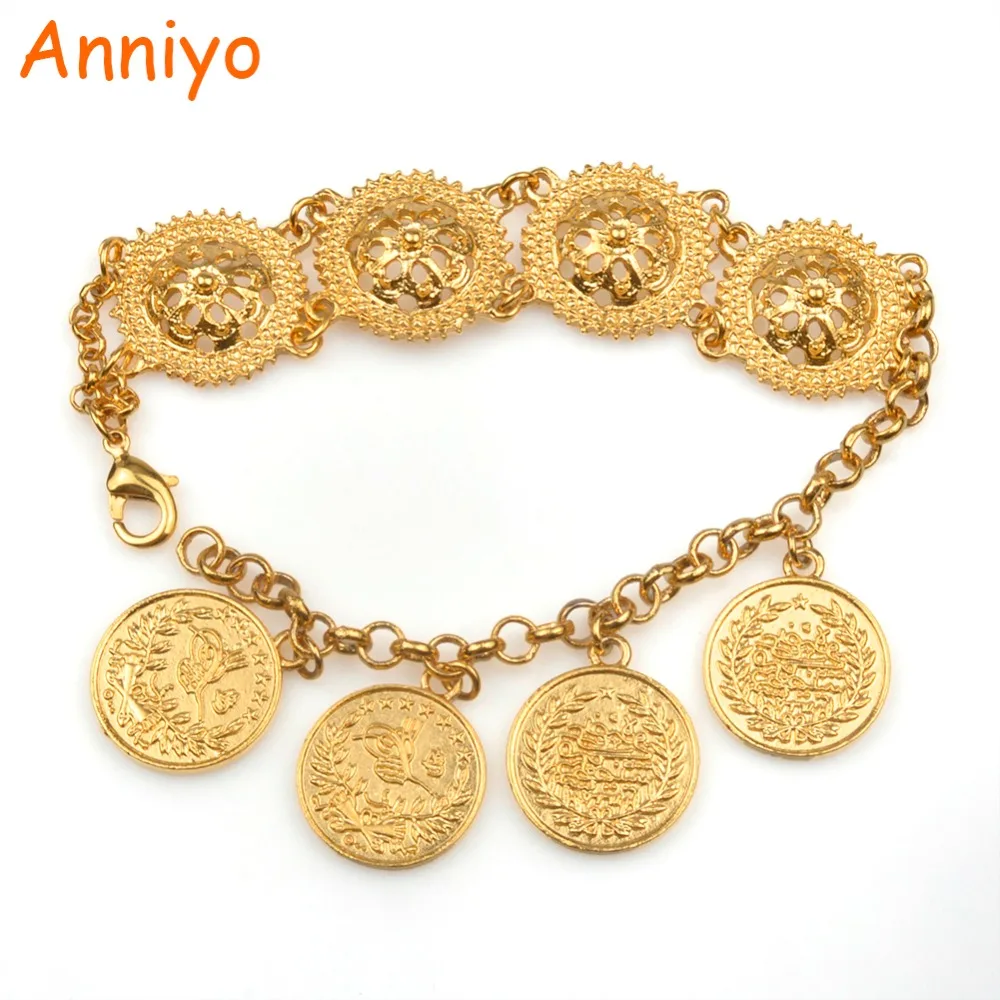 Anniyo Gold Color Turkey Coins Bracelet for Women Turkish Charm Bangle
