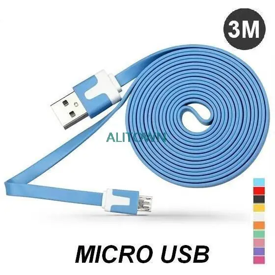 Free Shipping 2000pcs/Lot 3M/10FT V8 5PIN 10 Colors Flat Noodle Micro USB Data Sync Charge Cable for Samsung HTC Motorola LG