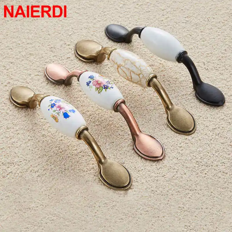 NAIERDI العتيقة البرونزية السيراميك مقابض للخزانة سبائك الزنك مقابض أدراج باب خزانة ملابس مقابض صباح المجد الأوروبي مقبض