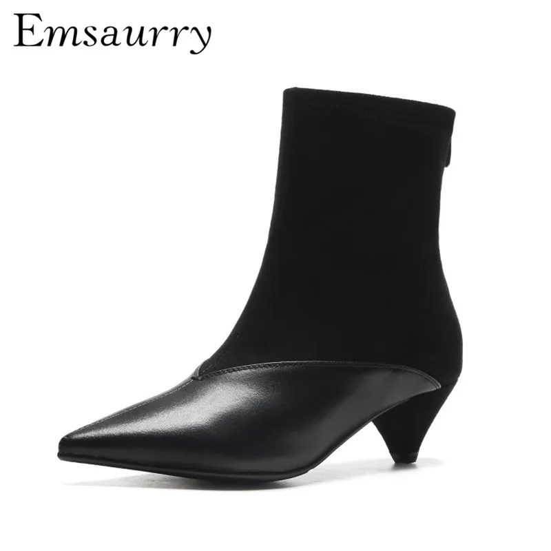 

European Style Point Toe Ankle Boots Women Stretch Fabric Patchwork Spike Heel Back Zip Autumn Short Booties