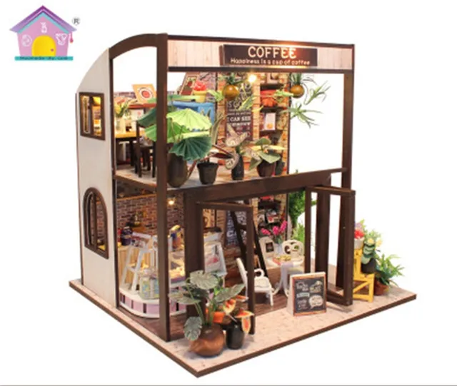US $25.20 Double Layer Coffee Time Bar Diy Miniature 3D Wooden Dollhouse Educational Hot Child /Adult Toys Fo
