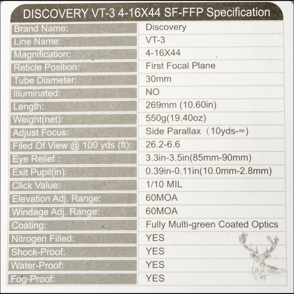 Discovery FFP Охота оптический VT-3 4-16X44 SF первый фокусное расстояние компактный взгляд маскировочный костюм Пневматическое оружие Сфера fit. 308win