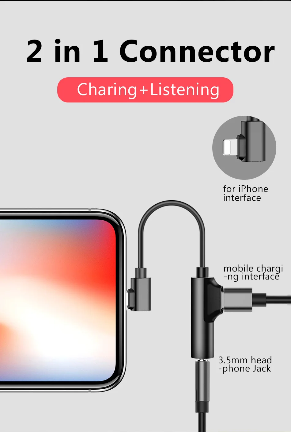 !ACCEZZ 2 IN 1 Lighting Charging Listening Adapter For iphone X 8 7 Plus XS MAX XR Audio 3.5mm Jack Connerter AUX Splitter Cable (5)