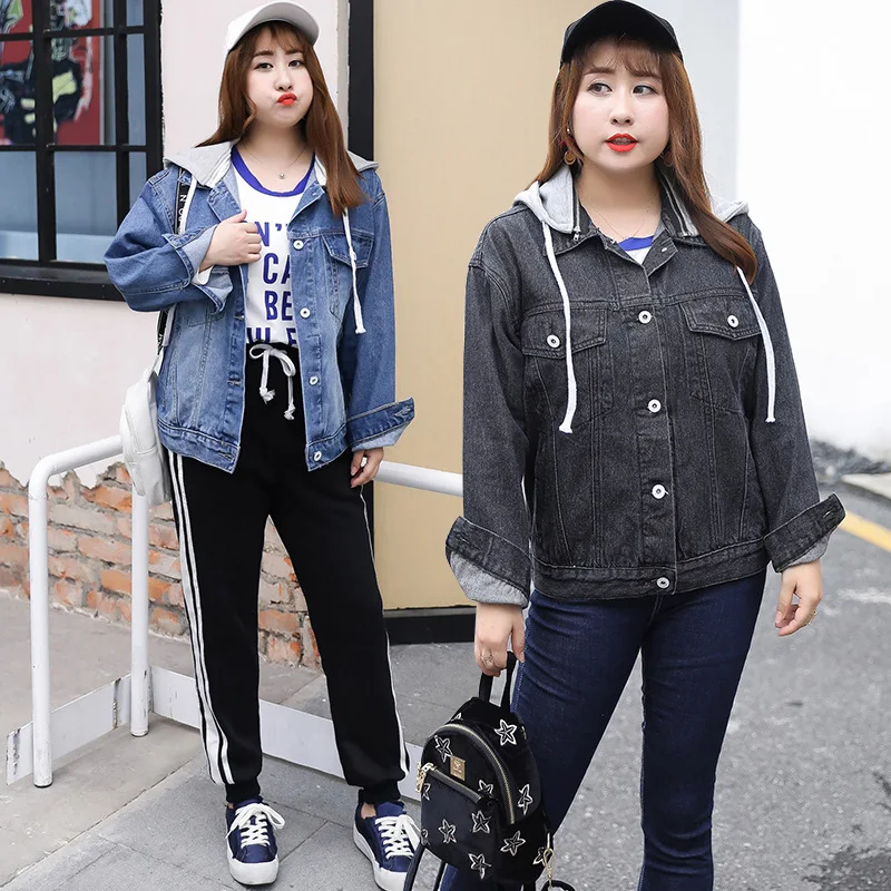 Джинсовая куртка женская с капюшоном съемным верхняя одежда весна-осень куртки осенние модные куртки ветровки женские синий и черный два цвета 5XL плюс размер женщин