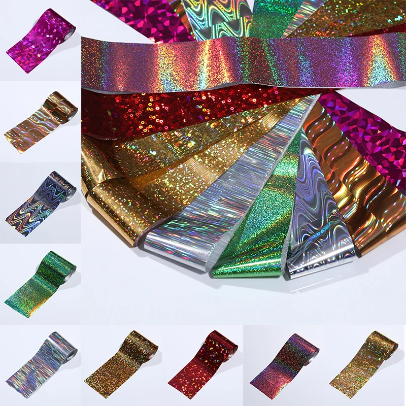 

Holographic Nail Foils Purple Gold Colors Glitter Transfer Stickers Mixed Patterns Designs Decoration Tips Nail Art Decals