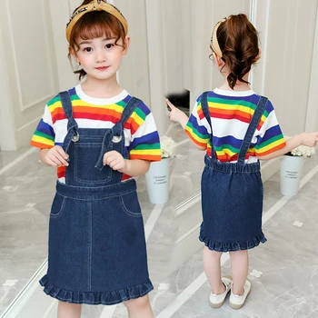 

Cute Girls Sets Summer Colorful Striped T-shirts + Denim Overall Dresses 2PC Baby Kids Clothes Casual Girls Outfits Vestidos