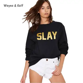 

Weyes & Kelf Letters Printed Black Casual Woman Sweatshirt Long Sleeve Spring O-neck Female Loose Pullovers Tops Women Tracksuit