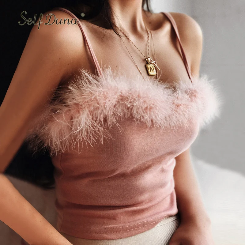 Self Duna 2018 Summer Women Pink Camis Faux Fur Crop Top Sexy Cute Backless Strip Camisole