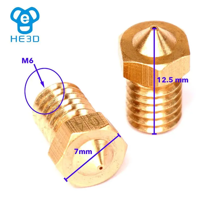 2 قطعة HE3D M6 فوهة ل 3d طابعة الساخن نهاية v5 v6 حجم 0.4 مللي متر النحاس النقي النحاس رأس الطباعة mk8 الطارد ل 1.75 مللي متر