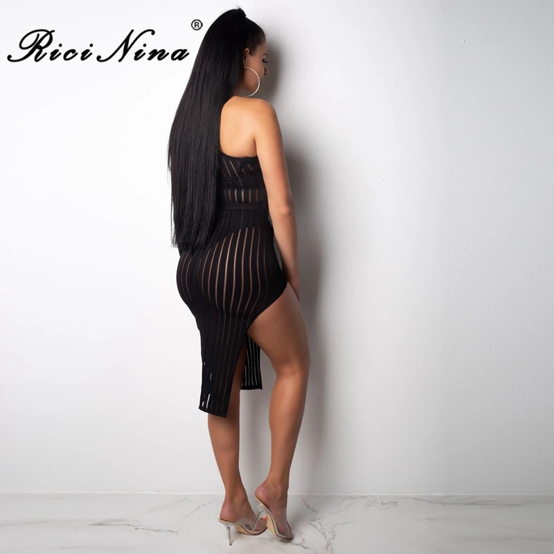 RICININA 2019 Woman Dress Ladies One Shoulder Long Sleeve Hollow Out Slit Backless Woman Party Dresses Vestidos