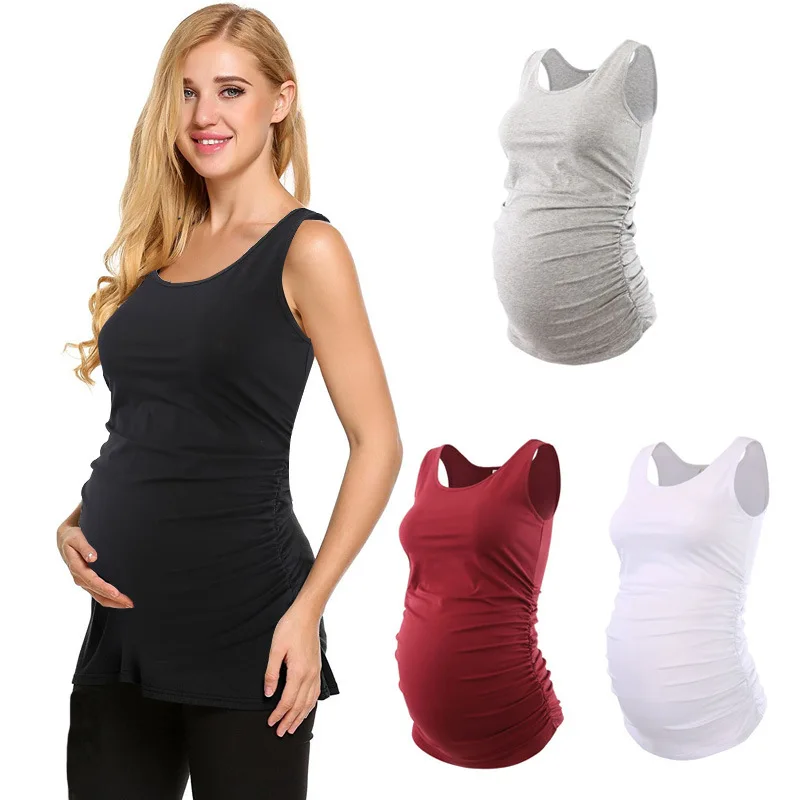 

Fashion Pregnant O-Neck Reduced Sleeveless Vest Tank T-shirt Women Solid Slim Tops Shoulder Strap Summer Convex Belly