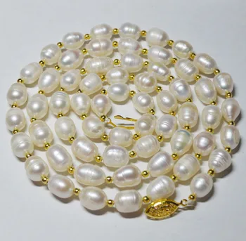 

New 9-10mm genuine natural white rice South China Sea pearl necklace 32 inches
