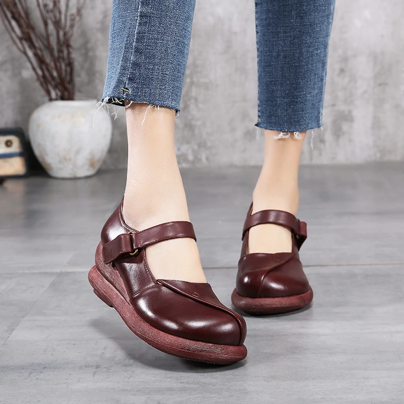 

2018 Autumn Genuine Leather Women Wedges Pumps Buckle Round Toes Platform Pumps Ladies High Heels Shoes Mary Janes