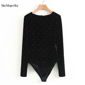 

SheMujerSky Women Black Beading Velvet Bodysuit Autumn Long Sleeve Backless Bodysuits Elegant Jumpsuit