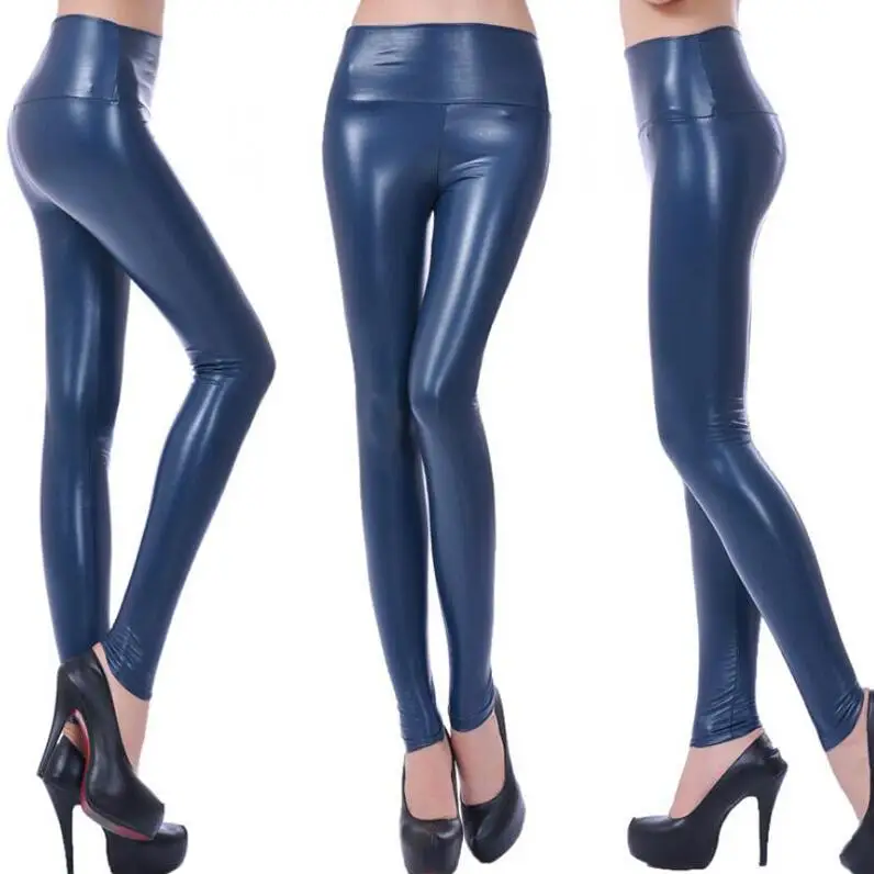 K013 Navy Blue VISNXGI леггинсы из искусственной кожи с высокой талией, женские сексуальные черные леггинсы из искусственной кожи, блестящие штаны, эластичные брюки размера плюс - Цвет: K013 Navy Blue