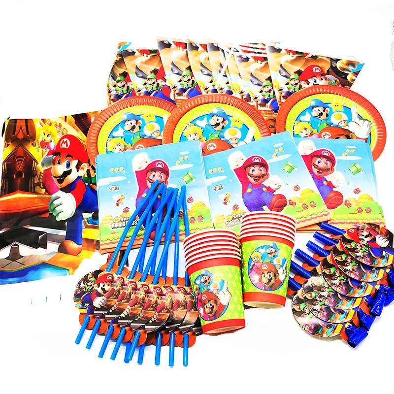 

67pcs/lot Mario plates cups straws napkins Mario theme disposable tableware set Super Mario disposable tablecloths banners cups