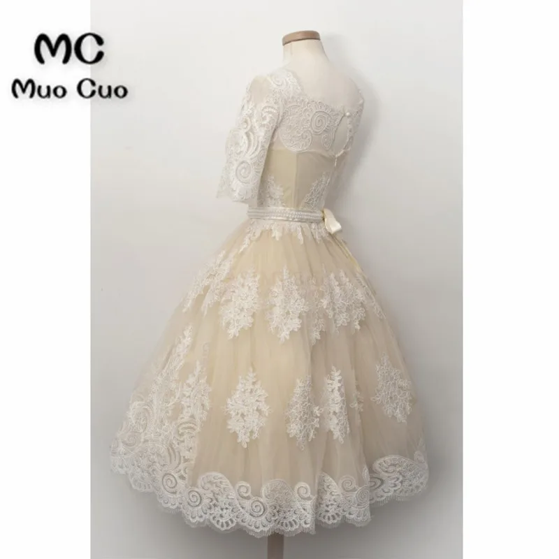 Fashion A-line Scoop Half Sleeves Knee-length Lace HomecominG Dress5