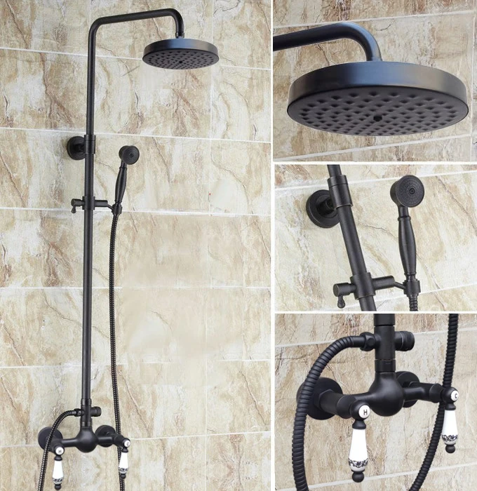 

Dark Black Oil Rubbed Brass 7.7" inch shower Head Double Ceramics Handles Wall Mounted Bathroom Rain Shower Faucet Set ars516