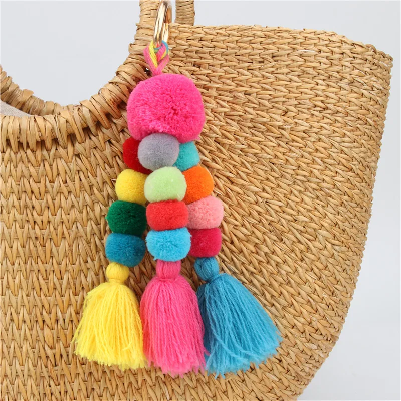 

Big plush ball with fringes key chain bohemia women's purse bag charm pompom tassel keychains jewelry diy handmade key ring P34