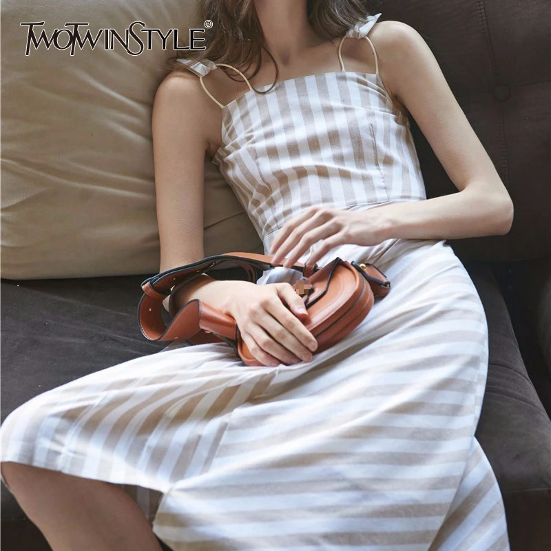 

TWOTWINSTYLE Striped Dress For Women Striped Off Shoulder Patchwork High Waist Ruched Irregular Midi Dresses 2018 Summer Korean