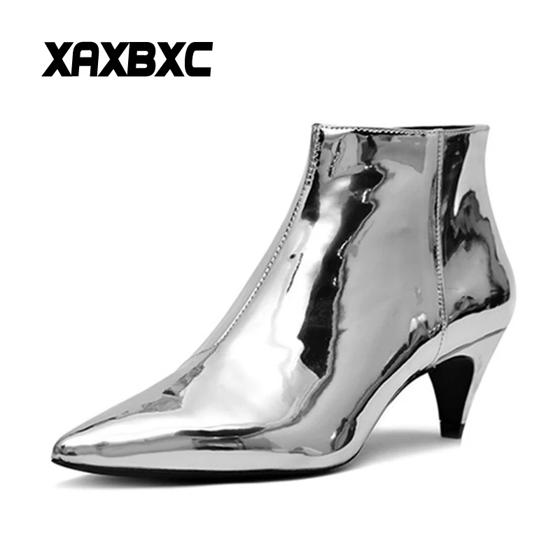 

XAXBXC 2018 New Autumn Winter Silver Zipper High Heels Short Boots Women Botas Mujer Shoes
