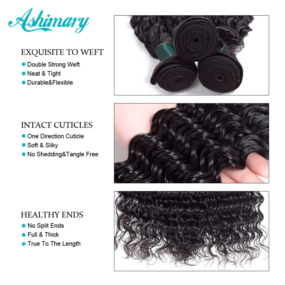 Ashimary Deep Wave Brazilian Hair Bundles with Frontal Remy Hair 3/4 Bundles with Frontal Human Hair Bundles with Lace Frontal