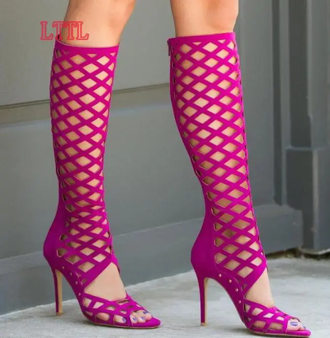 2017 Summer Hot Cutout Style Women Knee High Boots Sexy Open Toe Ladies Gladiator Boot Female Fashion High Heel Boots Dress Boot