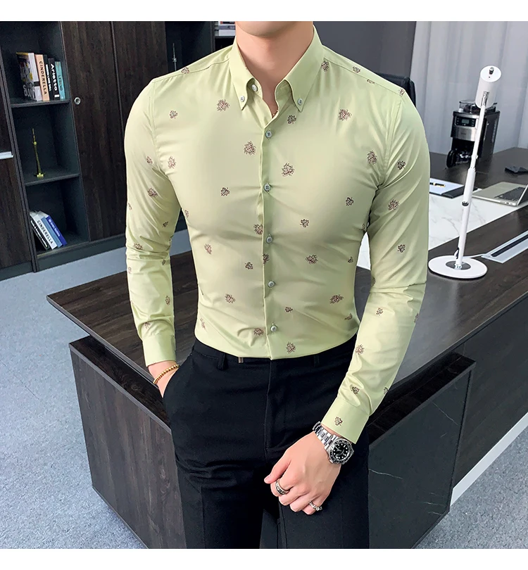 Блузка, Мужская одежда, рубашки, желтая рубашка, Camisa Social Masculina, Повседневная рубашка, облегающая, с длинным рукавом, зеленая Цветочная сорочка, уличная одежда